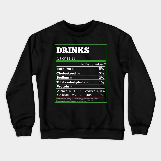 Funny Drinks Nutrition Facts Label Thanksgiving Dinner Crewneck Sweatshirt by Flipodesigner